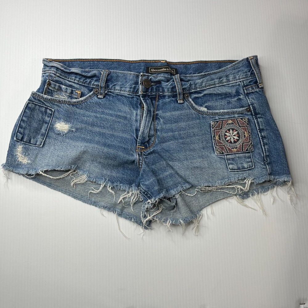 Abercrombie‎ & Fitch Women's Denim Shorts 27 Blue 2" Patchwork Jean Distressed